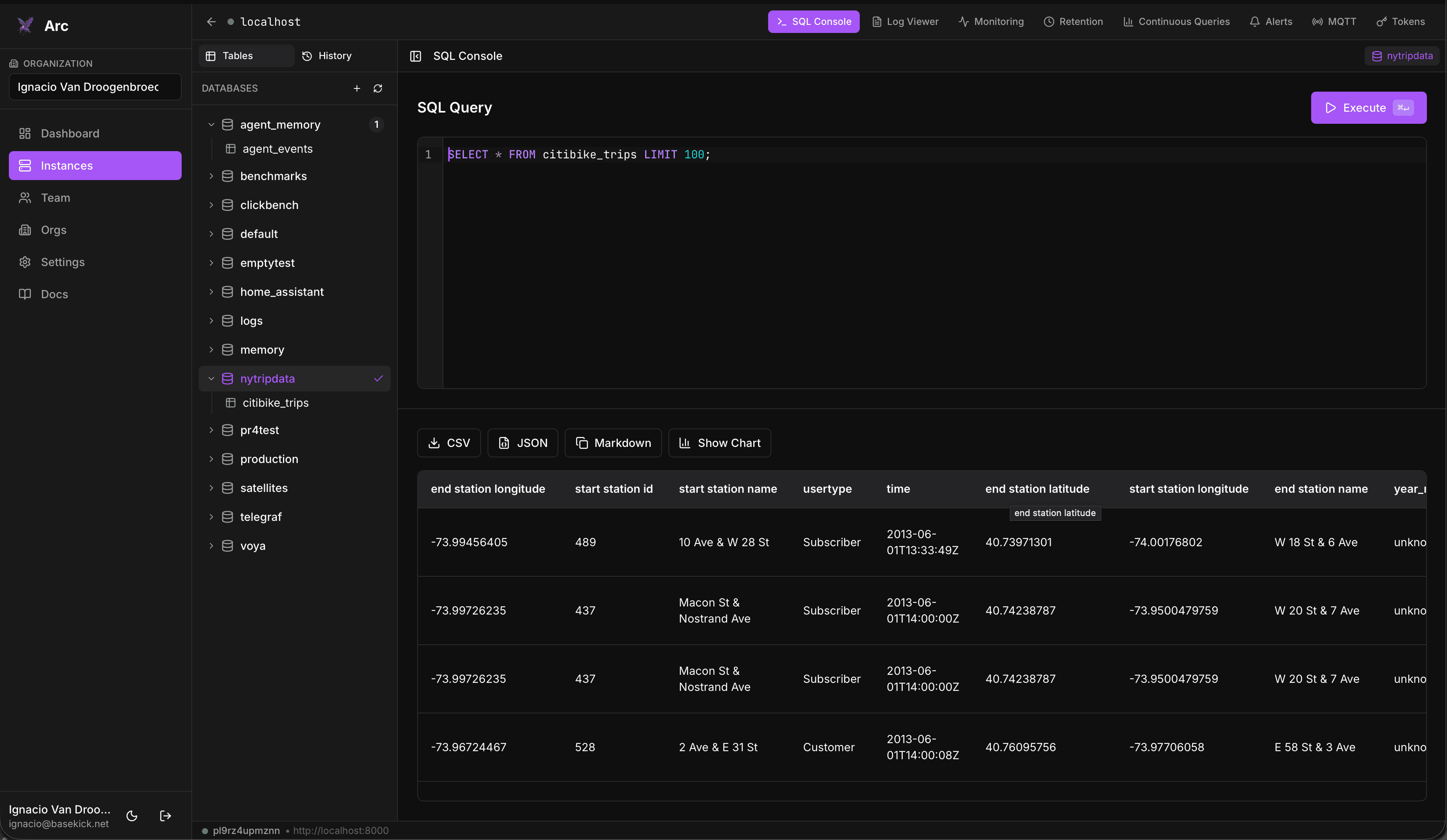 Arc Launchpad SQL console showing a query and its result table