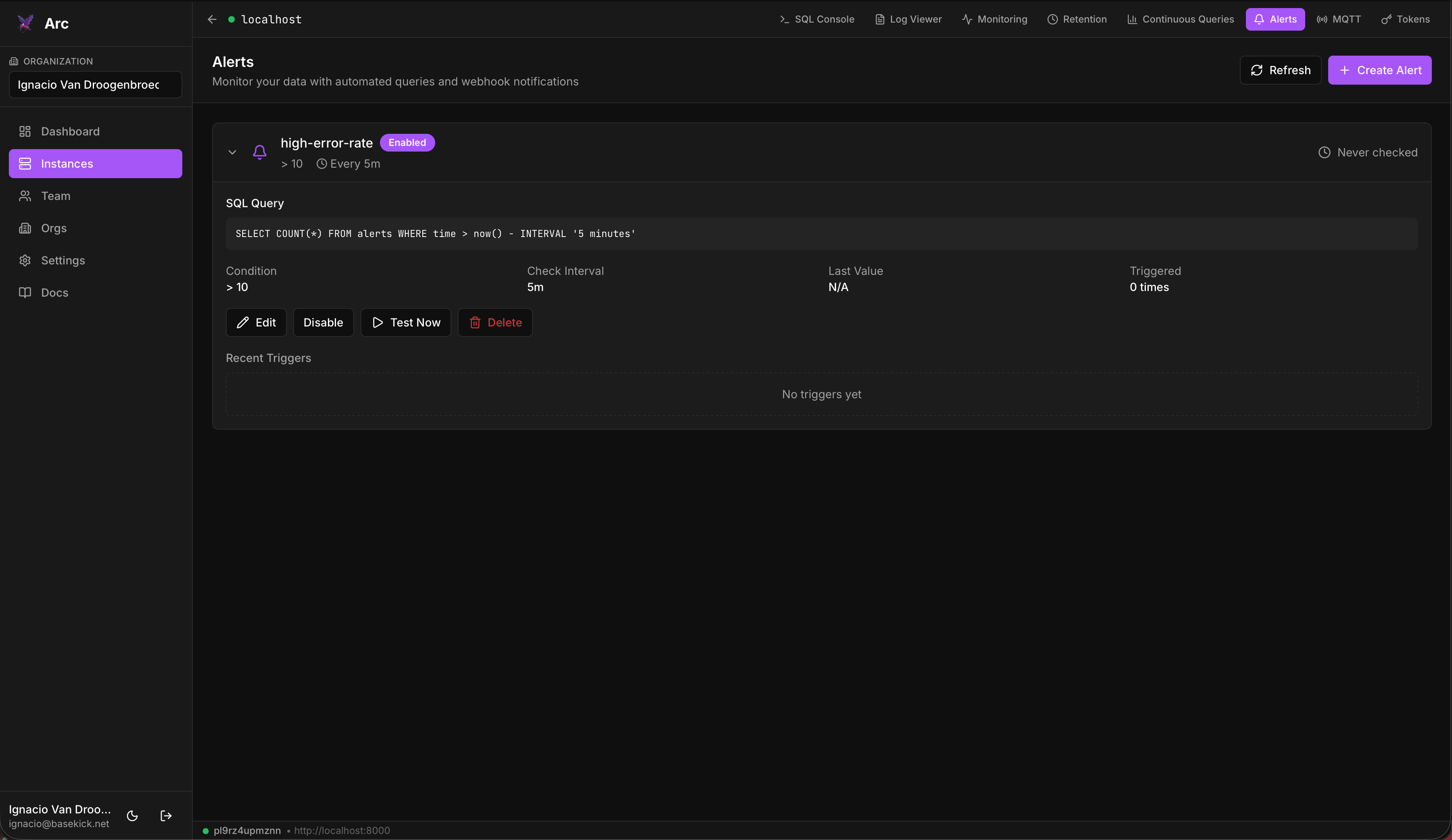 Launchpad alerts and continuous queries
